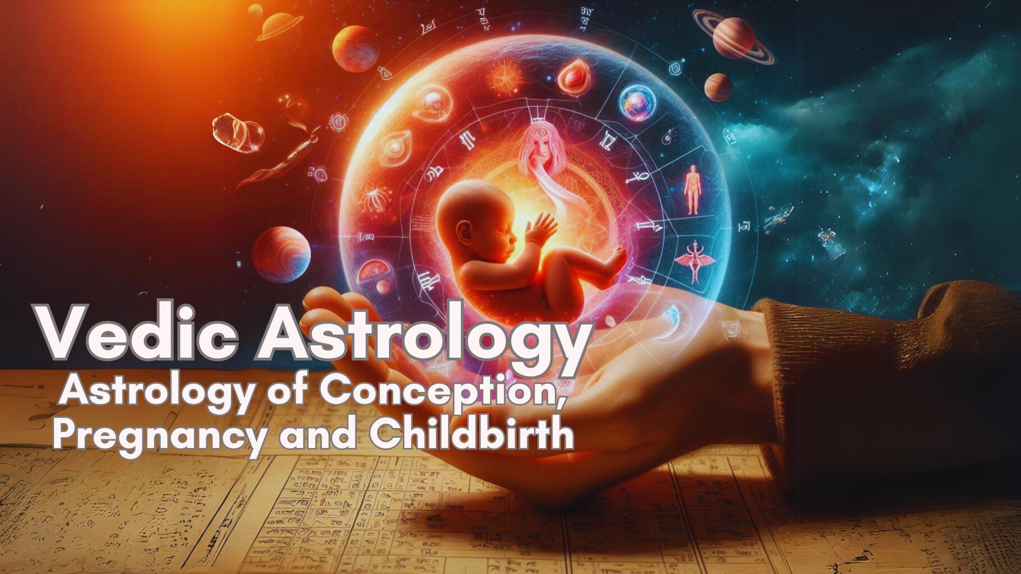 A child in the zodiac circle in a hand.