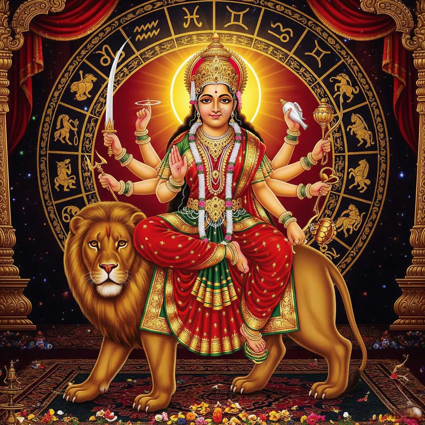 Maa Durga Sitting on a Lion, Zodiac Signs in the Background